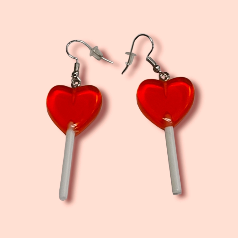 Kawaii Red Heart Lollipop Earrings - Picture 1 of 1